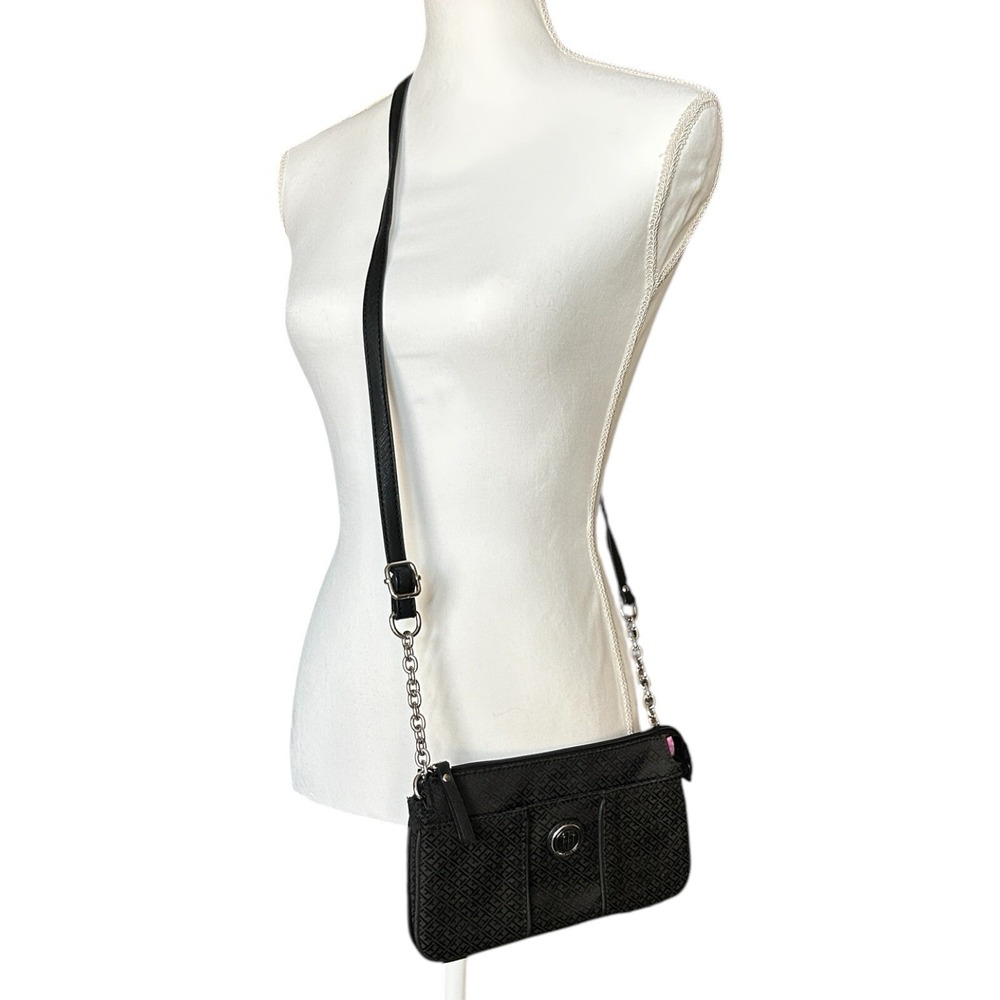 TOMMY HILFIGER Black Jacquard Crossbody Bag Silver Chain Accents Classic Preppy